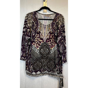 Chico's Cotton Sz 2 M L Blouse Dress Shirt Tunic Top Brown Multi-Color Print D60